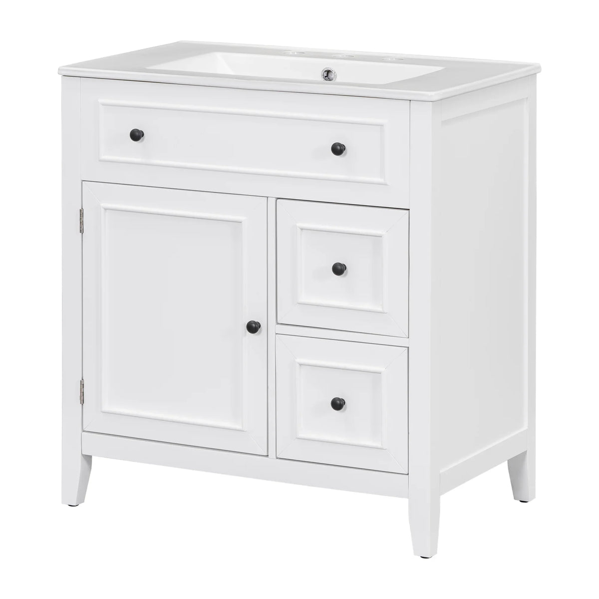 White 30 inch eprolo bathroom vanity cabinet with sink top, one door, and two drawers.