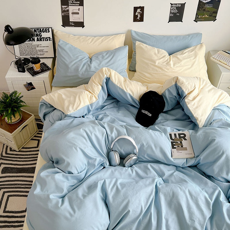 Washed Cotton Solid Color Double Spliced Four-Piece Bedding Set