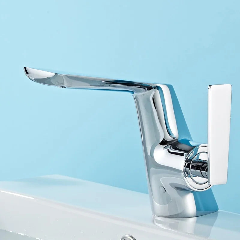 Modern eprolo chrome single lever bathroom faucet on a white sink against a blue background