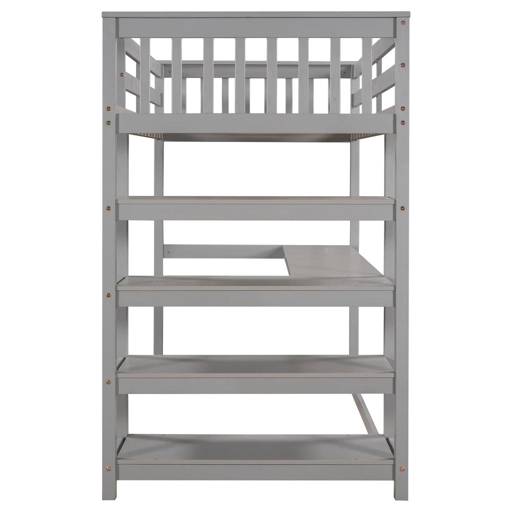 Gray twin size loft bed by eprolo featuring built-in storage shelves and an under-bed desk.