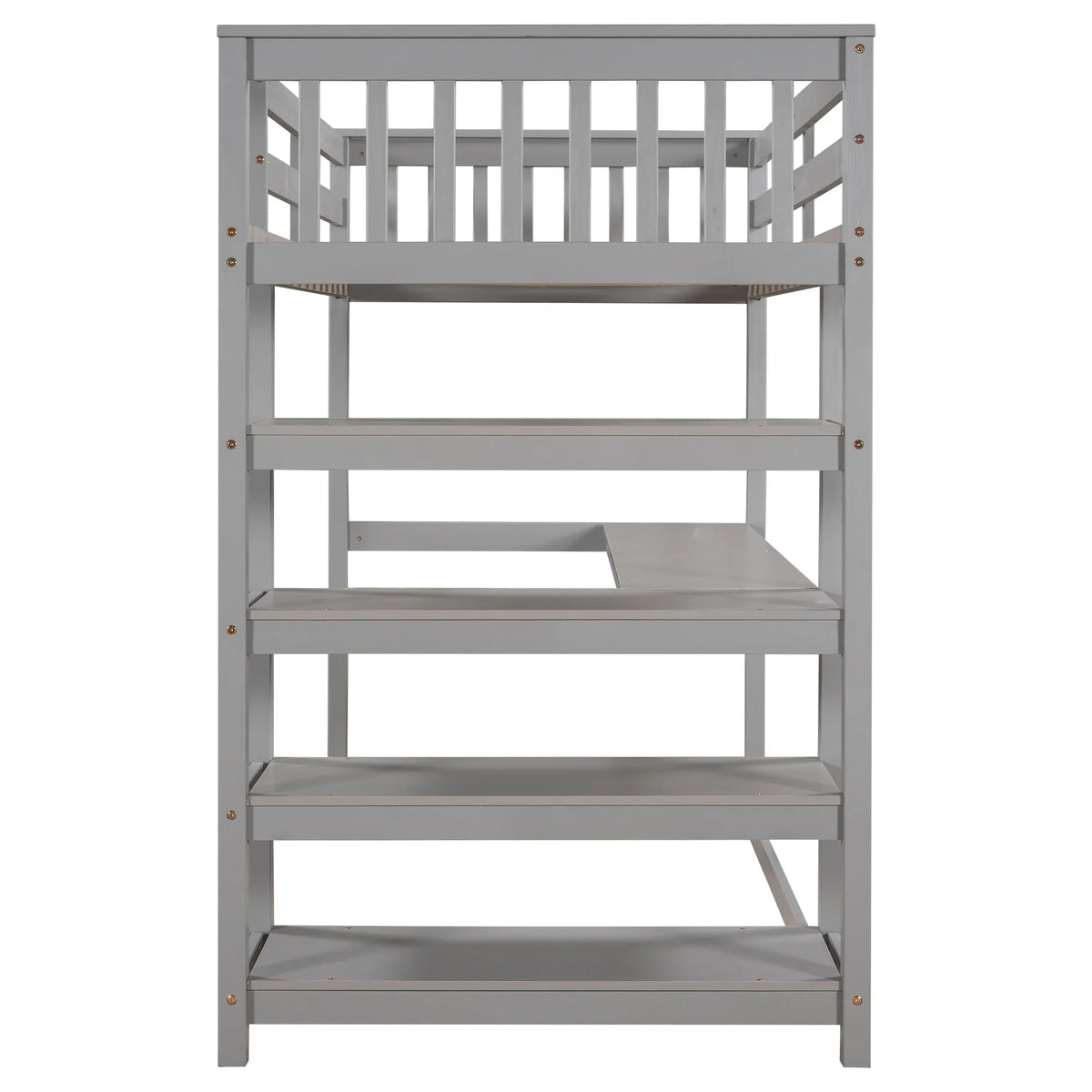 Gray twin size loft bed by eprolo featuring built-in storage shelves and an under-bed desk.