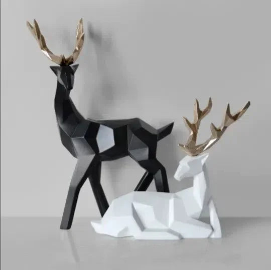Geometric eprolo resin deer figurines in black and white with gold antlers for home decor