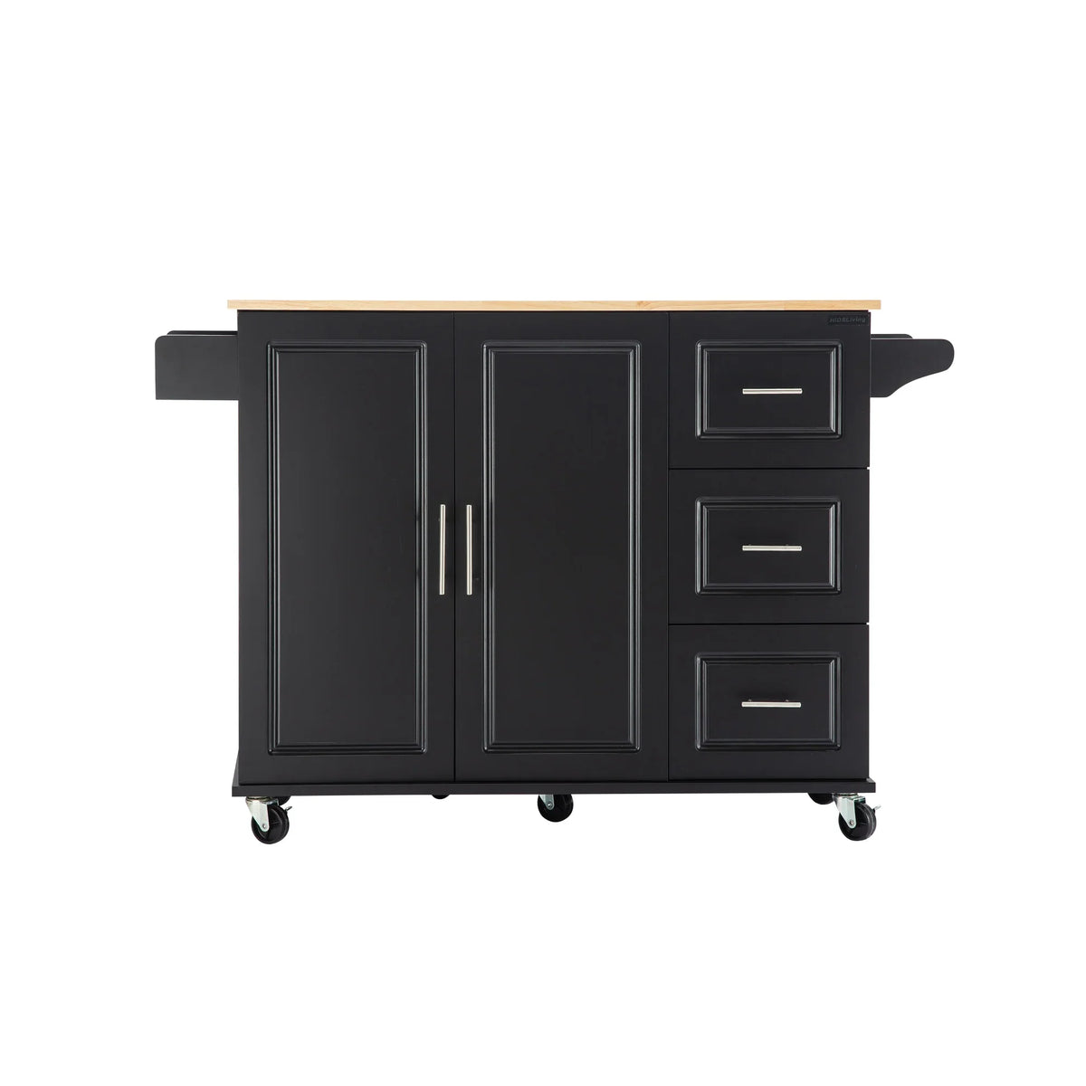 eprolo mobile kitchen island with extensible rubber wood countertop and black storage cabinets