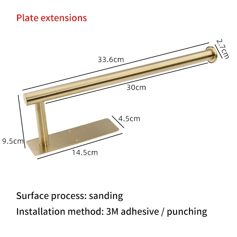 Gold stainless steel kitchen roll holder with dimensions and installation details by eprolo