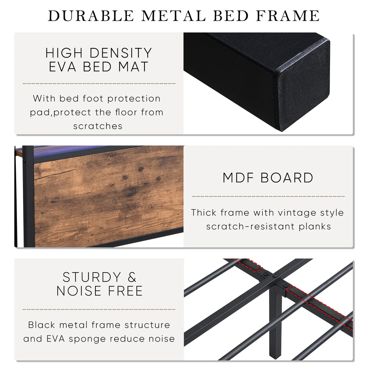 Infographic showing durable eprolo metal bed frame features including EVA bed mat and MDF board.