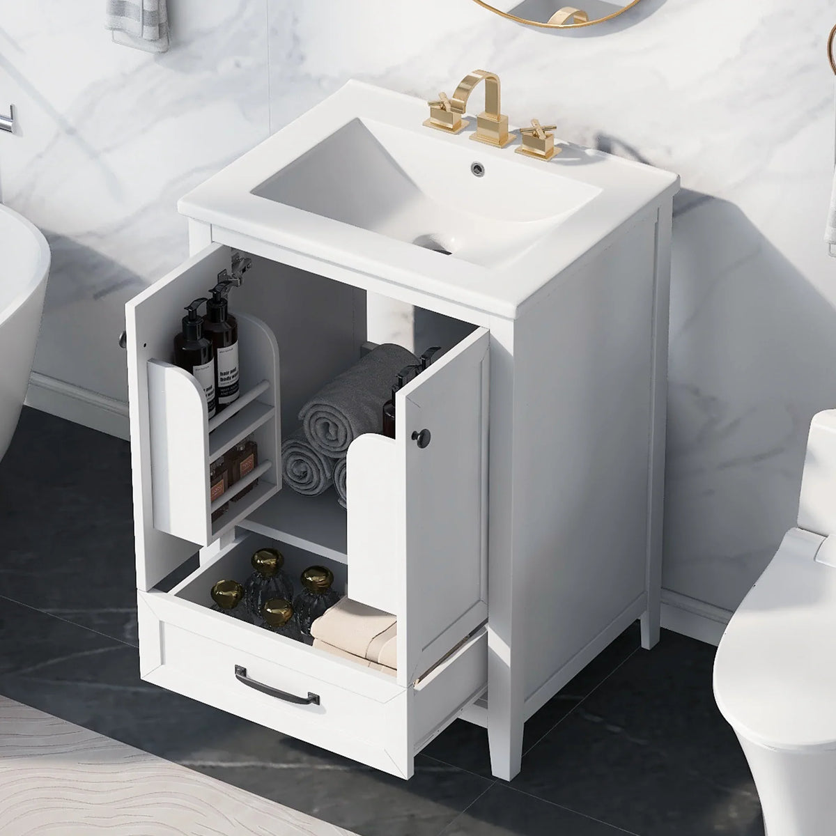 White 24 inch eprolo bathroom vanity with sink, storage cabinet, and gold faucet