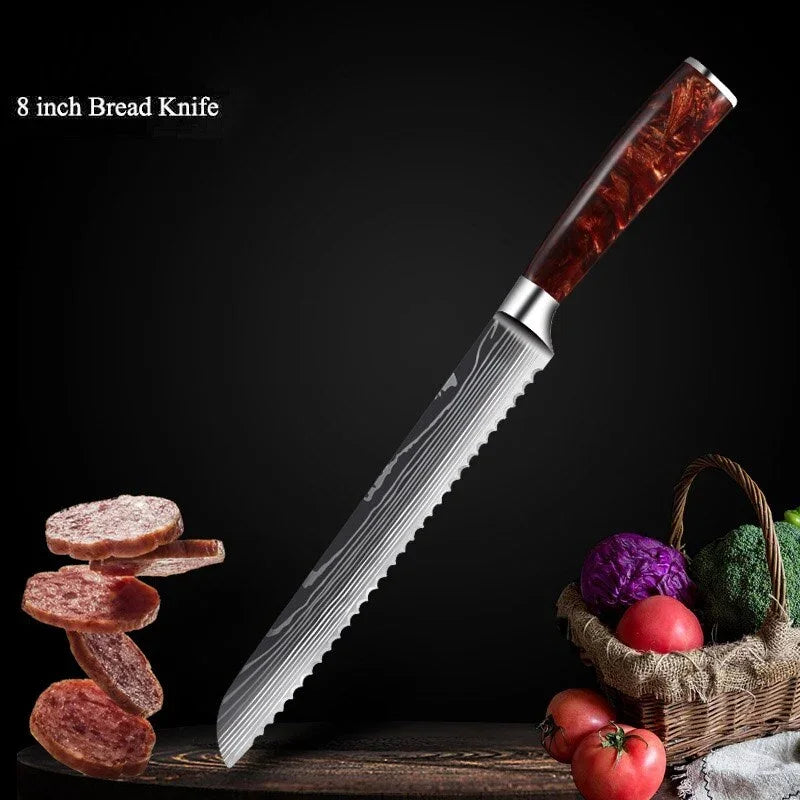 eprolo 8-inch serrated bread knife with a red resin handle and stainless steel blade