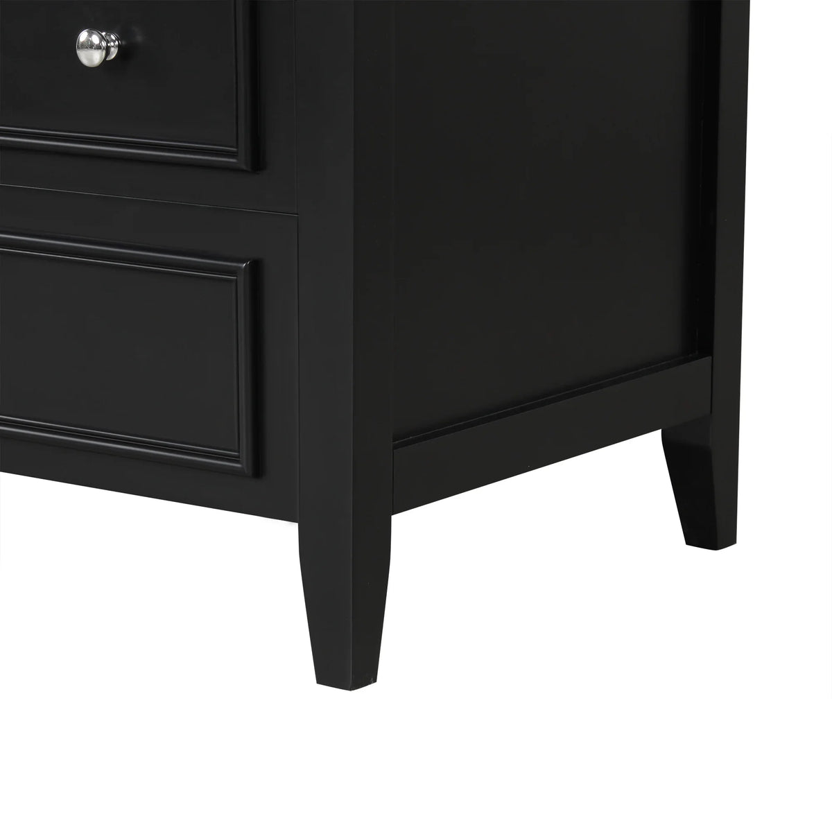 Close-up of the black eprolo bathroom vanity cabinet with drawers and silver knob.