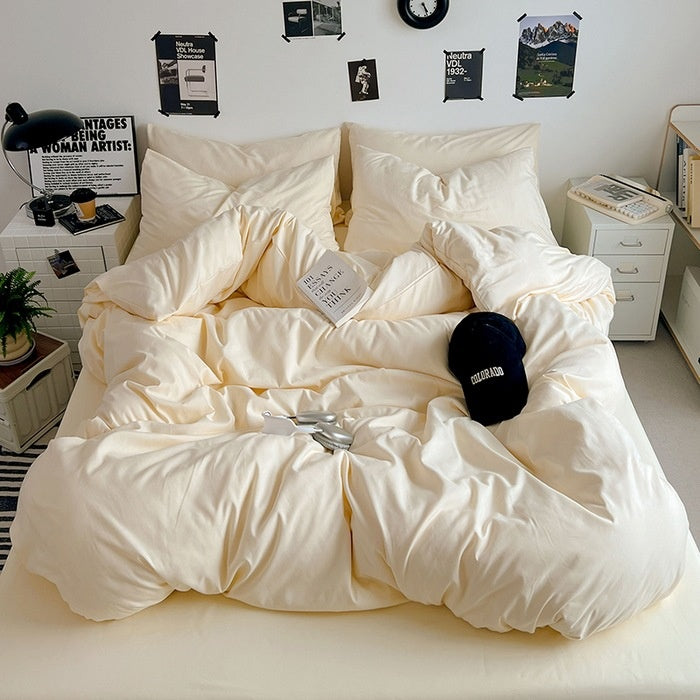 Washed Cotton Solid Color Double Spliced Four-Piece Bedding Set