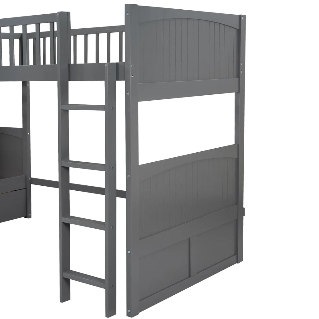 Gray twin size bunk bed with attached loft bed and two storage drawers by eprolo