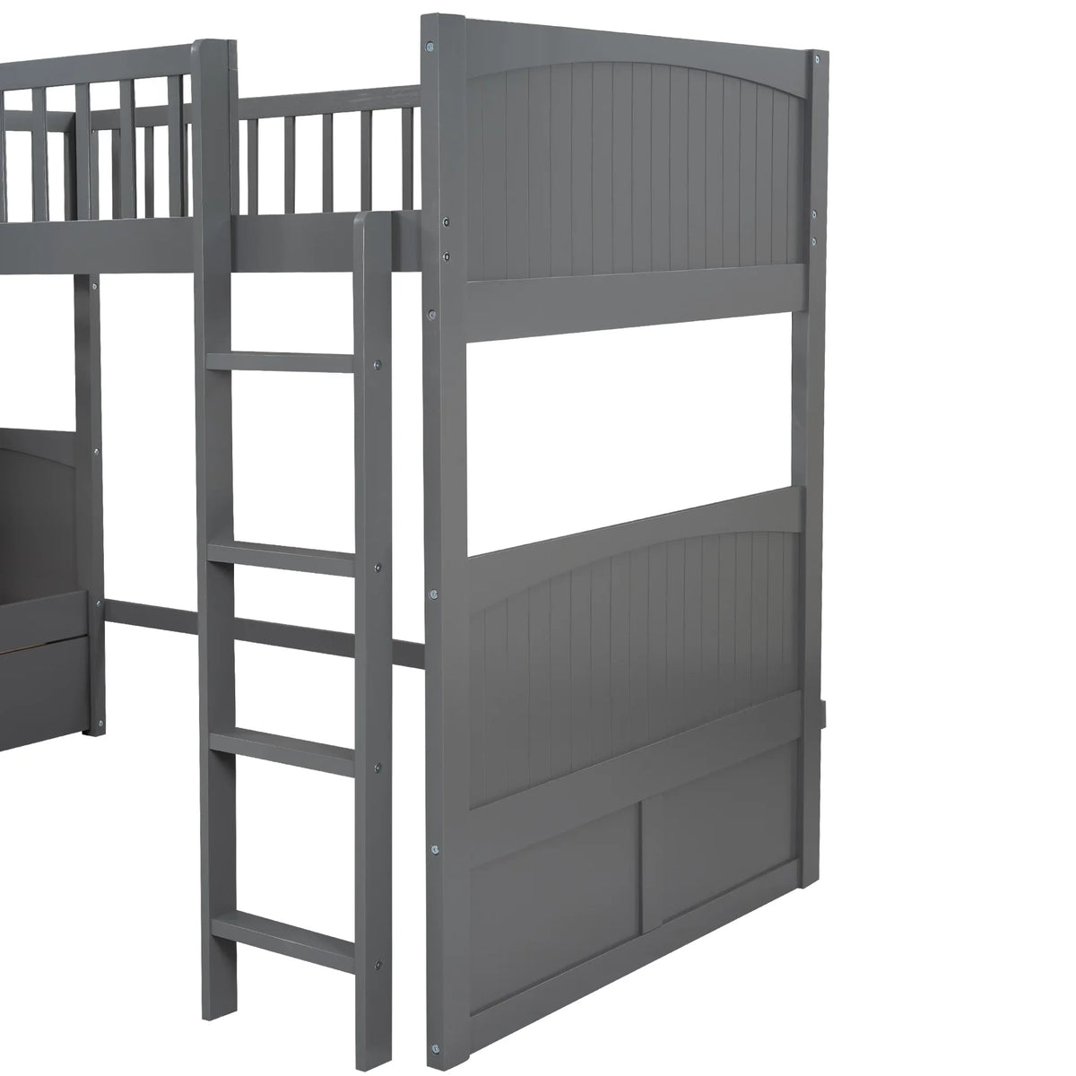 Gray twin size bunk bed with attached loft bed and two storage drawers by eprolo