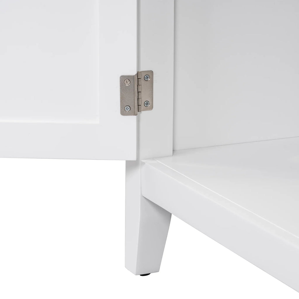 Close-up of silver metal hinge on a white eprolo bathroom vanity cabinet door.