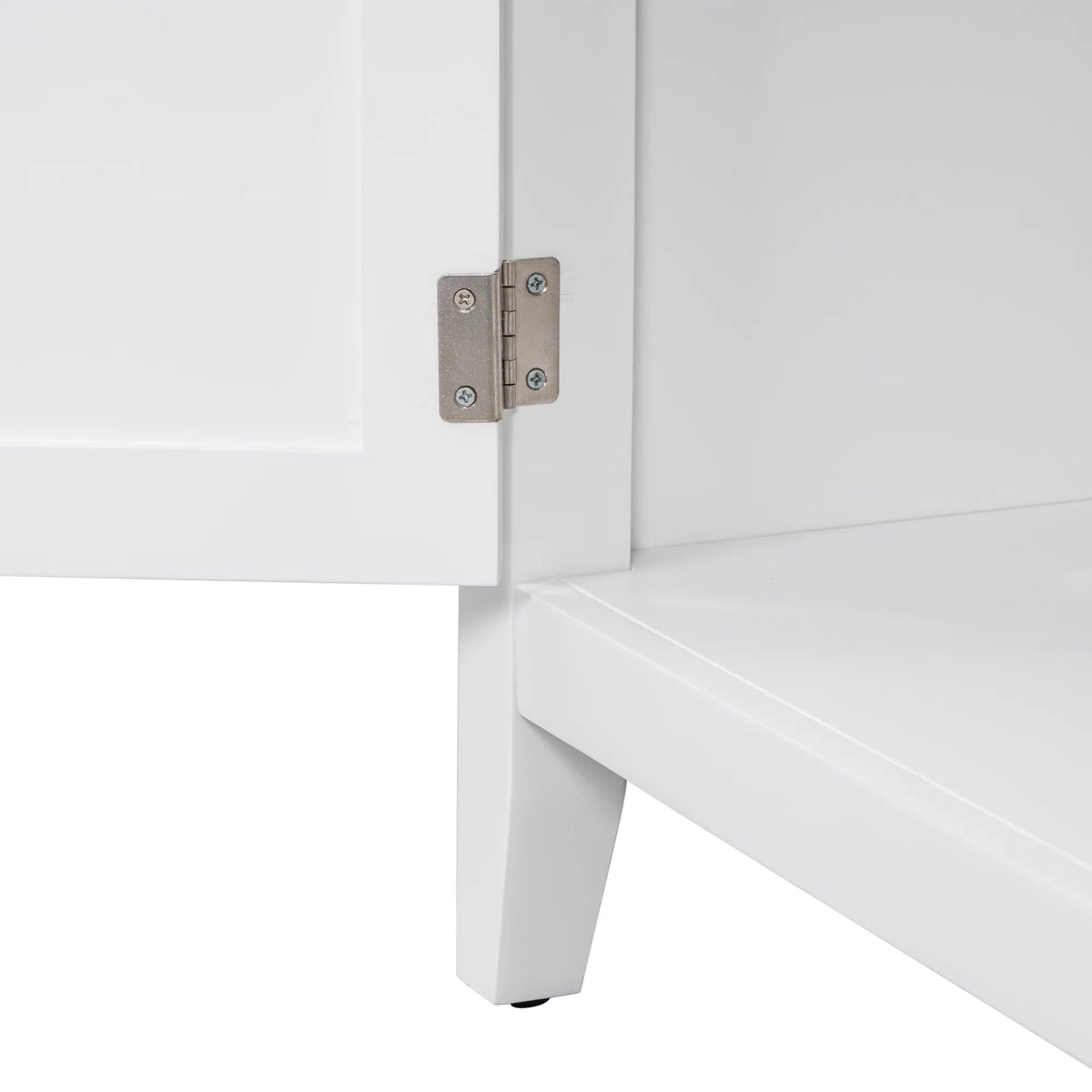 Close-up of silver metal hinge on a white eprolo bathroom vanity cabinet door.