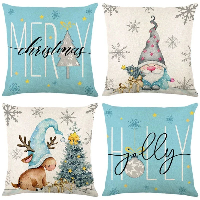 Set of four eprolo Christmas pillow covers featuring festive gnomes and Merry Christmas text.