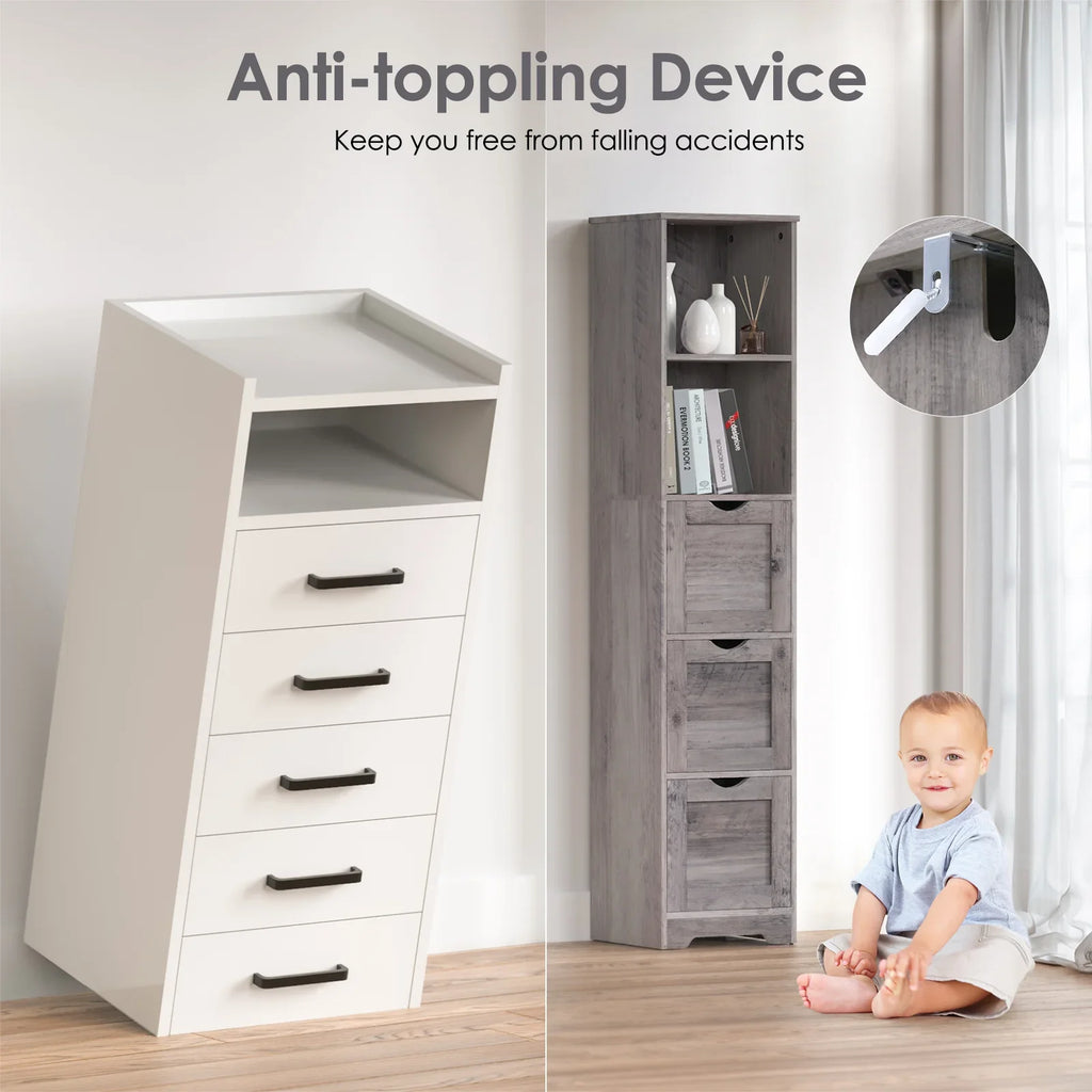 Grey eprolo tall narrow storage cabinet with anti-toppling device for home safety.