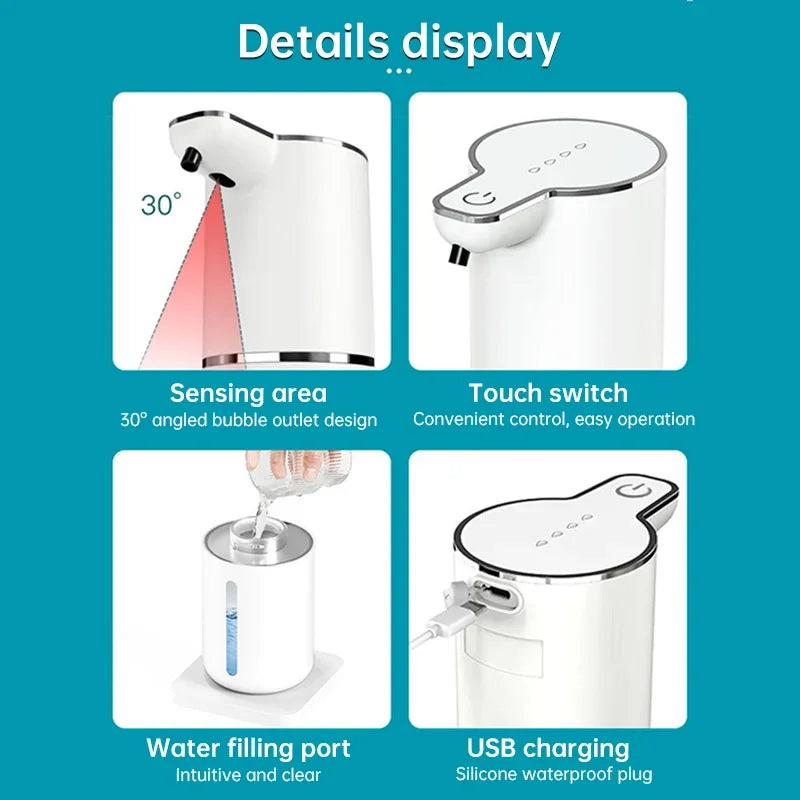 Detailed features of the eprolo touchless sensor soap dispenser showing sensing area and USB charging.