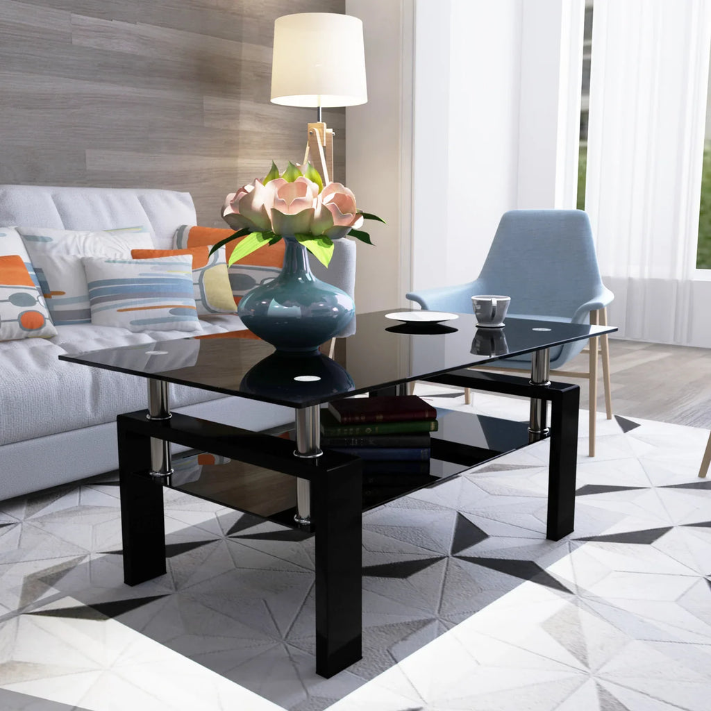 Modern eprolo rectangle black glass coffee table in a bright living room setting.