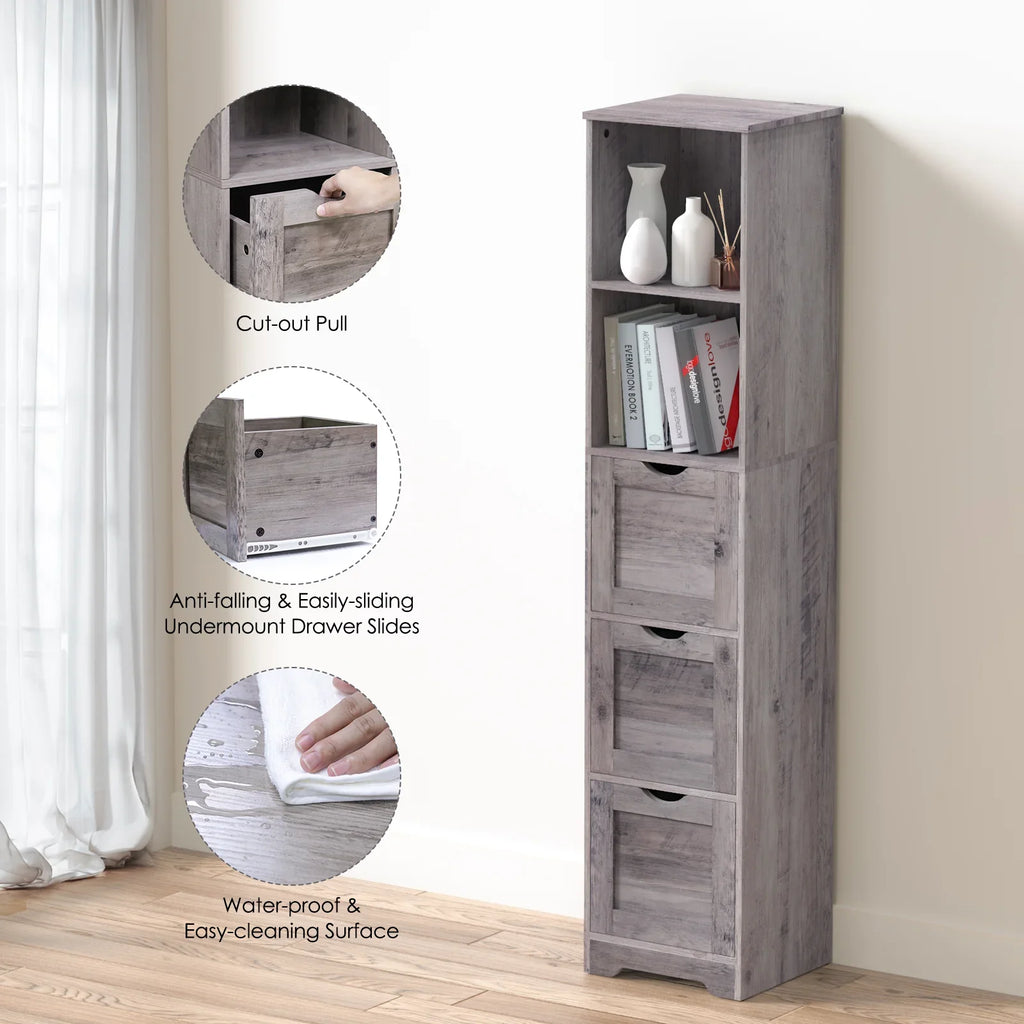 Tall narrow grey bathroom floor cabinet with 3 drawers and 2 open shelves by eprolo