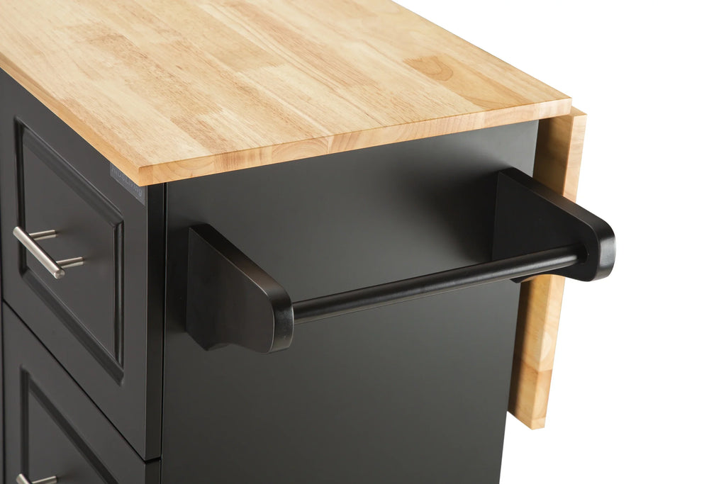 Close-up of an eprolo mobile kitchen island with a rubber wood countertop and black side handle.