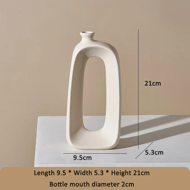 Modern white eprolo ceramic vase with an oval cutout and dimensions displayed