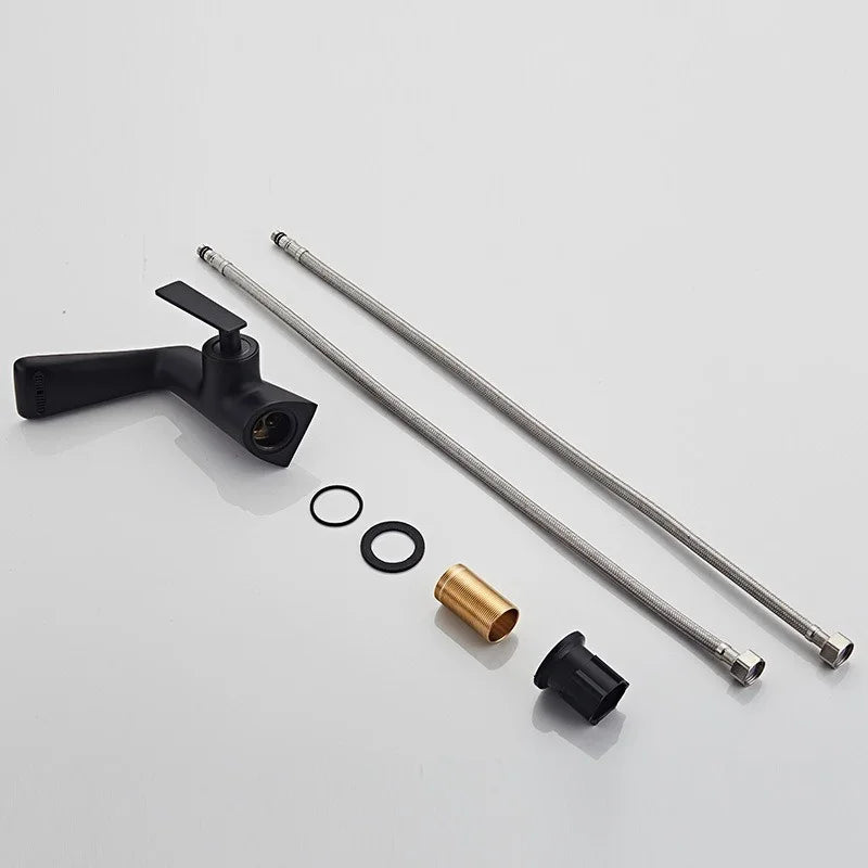 Eprolo copper bathroom faucet set with black handle and stainless steel supply lines