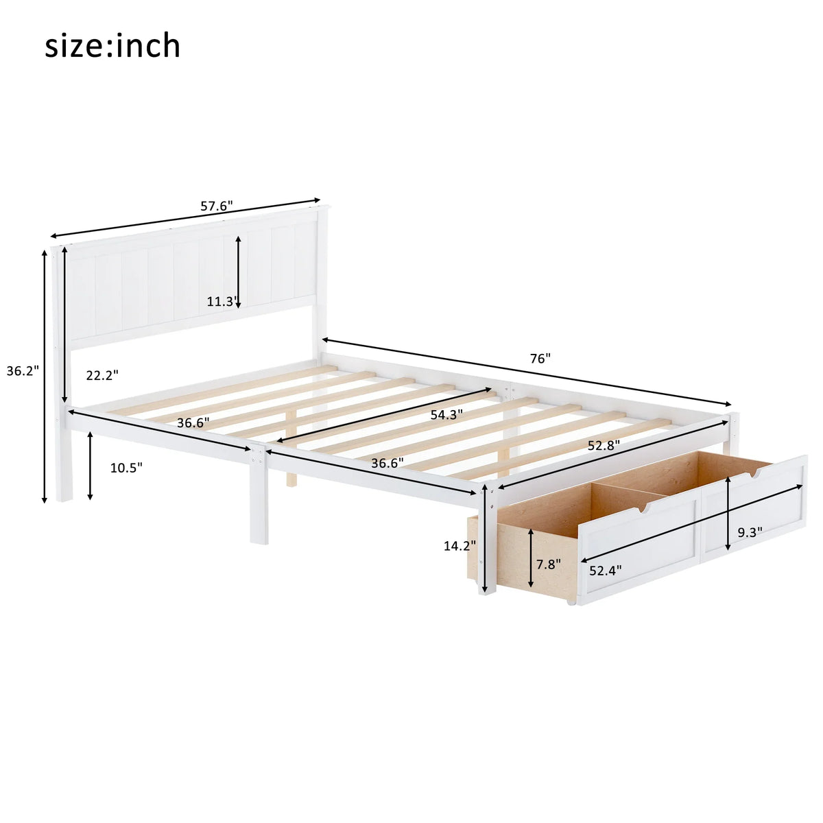 Dimensions of eprolo white full size platform bed with under-bed storage drawers in inches.