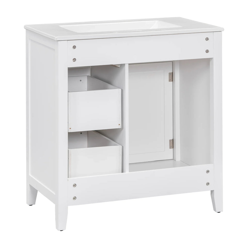 White 30 inch eprolo bathroom vanity with sink top, one door, and two storage drawers.