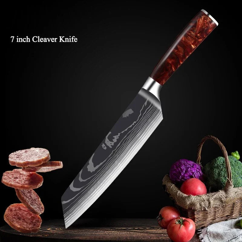 eprolo professional Japanese chef knife with high carbon stainless steel patterned blade and red handle