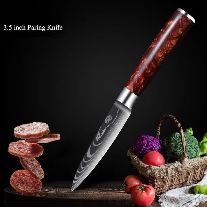 eprolo 3.5 inch paring knife with patterned stainless steel blade and dark wood handle.