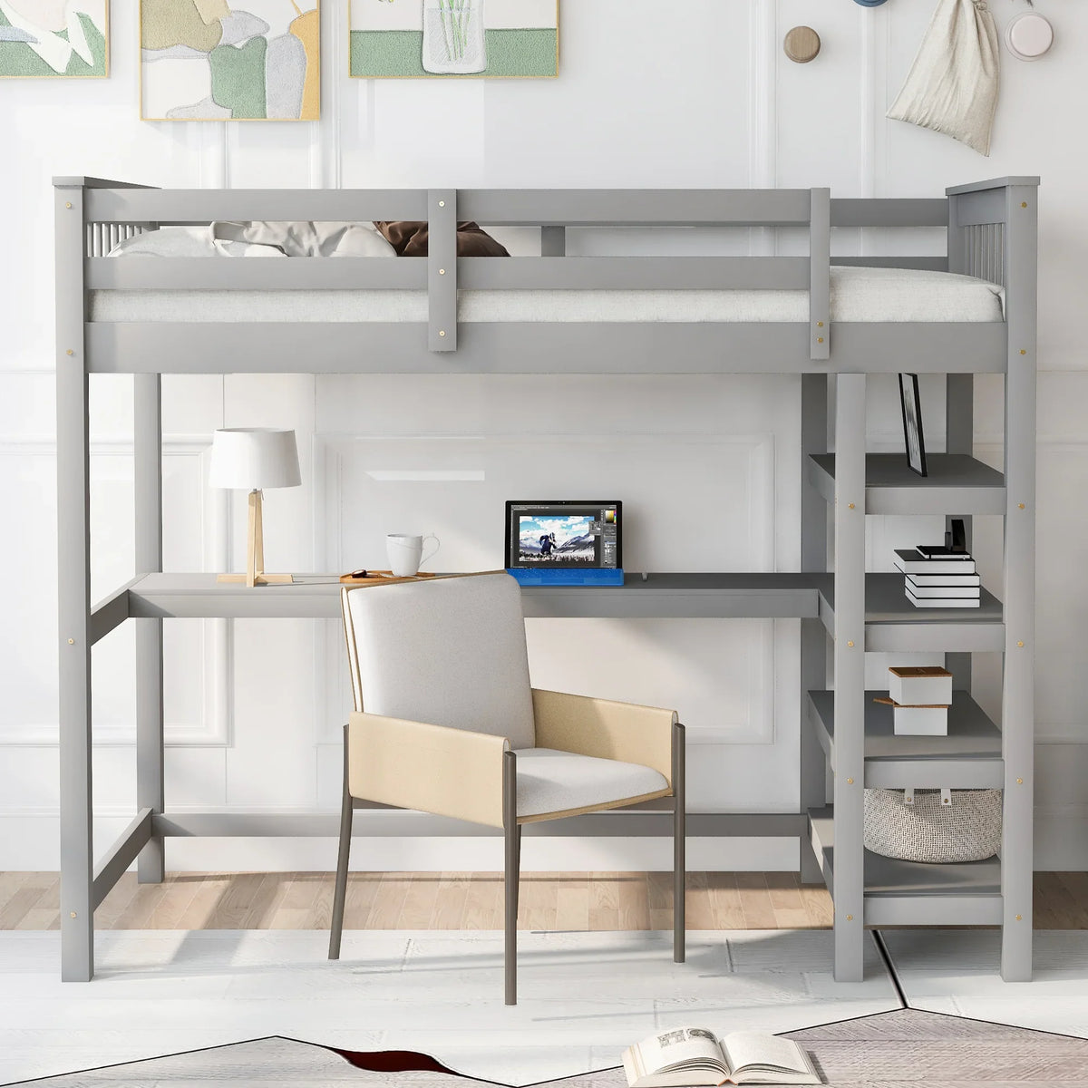 eprolo gray twin size loft bed with integrated under-bed desk and storage shelves