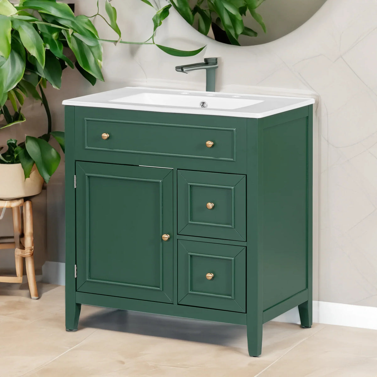 eprolo 30 inch green bathroom vanity with white sink top, two drawers, and cabinet door.