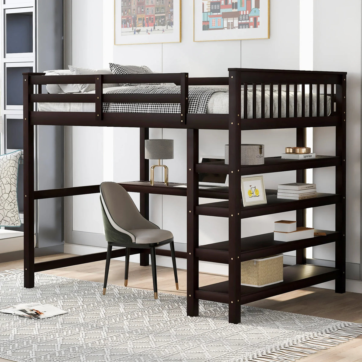 Eprolo full size loft bed in espresso with built-in desk and storage shelves.