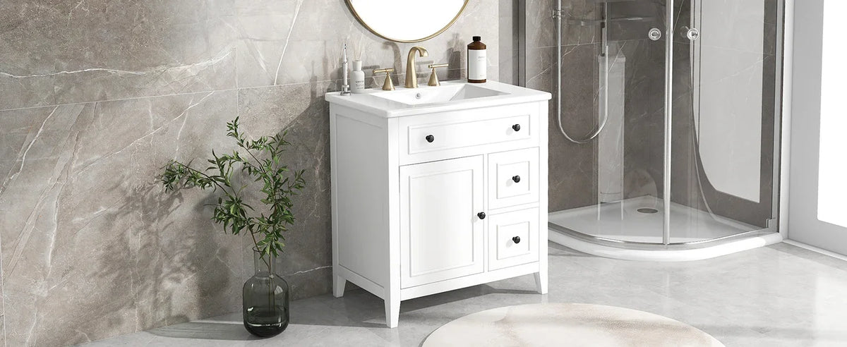 White eprolo 30 inch bathroom vanity with sink top, cabinet door, and two drawers.