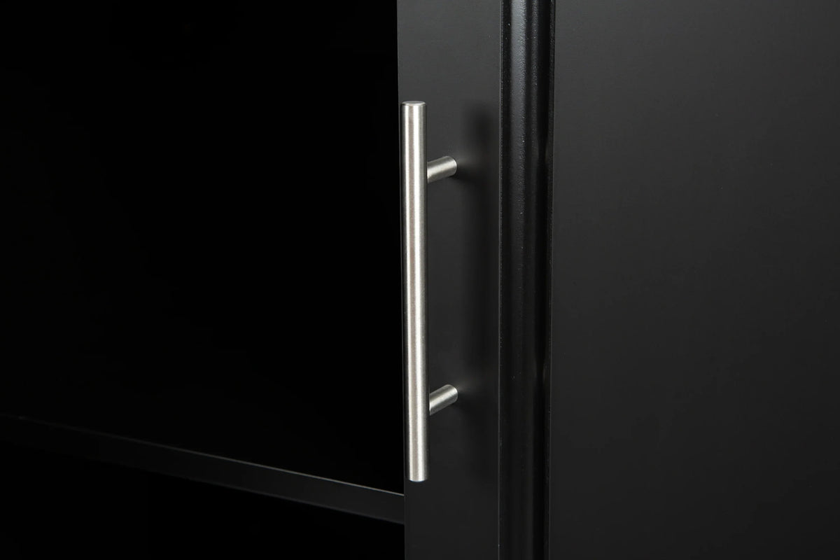 Close-up of a silver handle on a black eprolo mobile kitchen island cabinet.