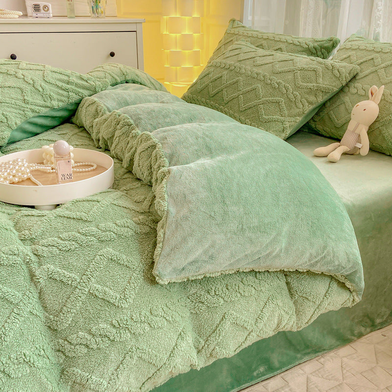 Winter Flannel 4-Piece Bedding Set, Thick Warm Milk Velvet Coral Fleece Duvet Cover, Student Dormitory