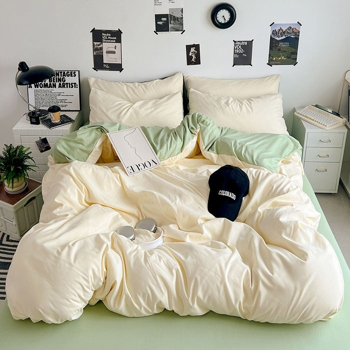 Washed Cotton Solid Color Double Spliced Four-Piece Bedding Set