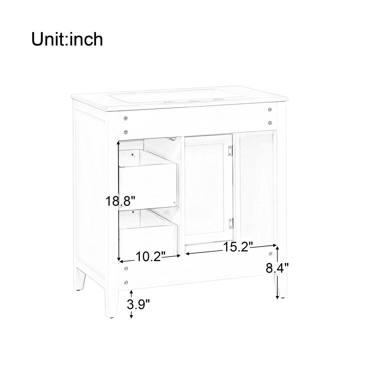 Dimensional drawing of eprolo 30 inch white bathroom vanity cabinet with sink top.