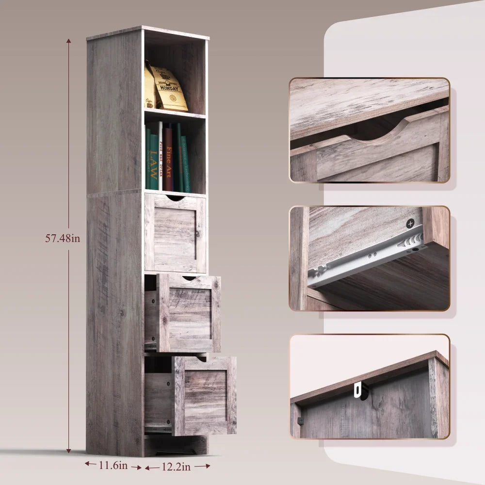 Tall narrow grey bathroom floor cabinet by eprolo with 2 open shelves and 3 drawers.