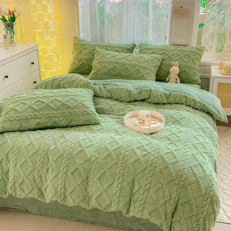 Winter Flannel 4-Piece Bedding Set, Thick Warm Milk Velvet Coral Fleece Duvet Cover, Student Dormitory