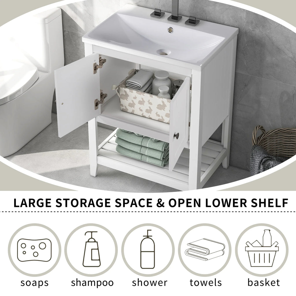 White 24 inch eprolo bathroom vanity base with storage cabinet and open lower shelf for towels.