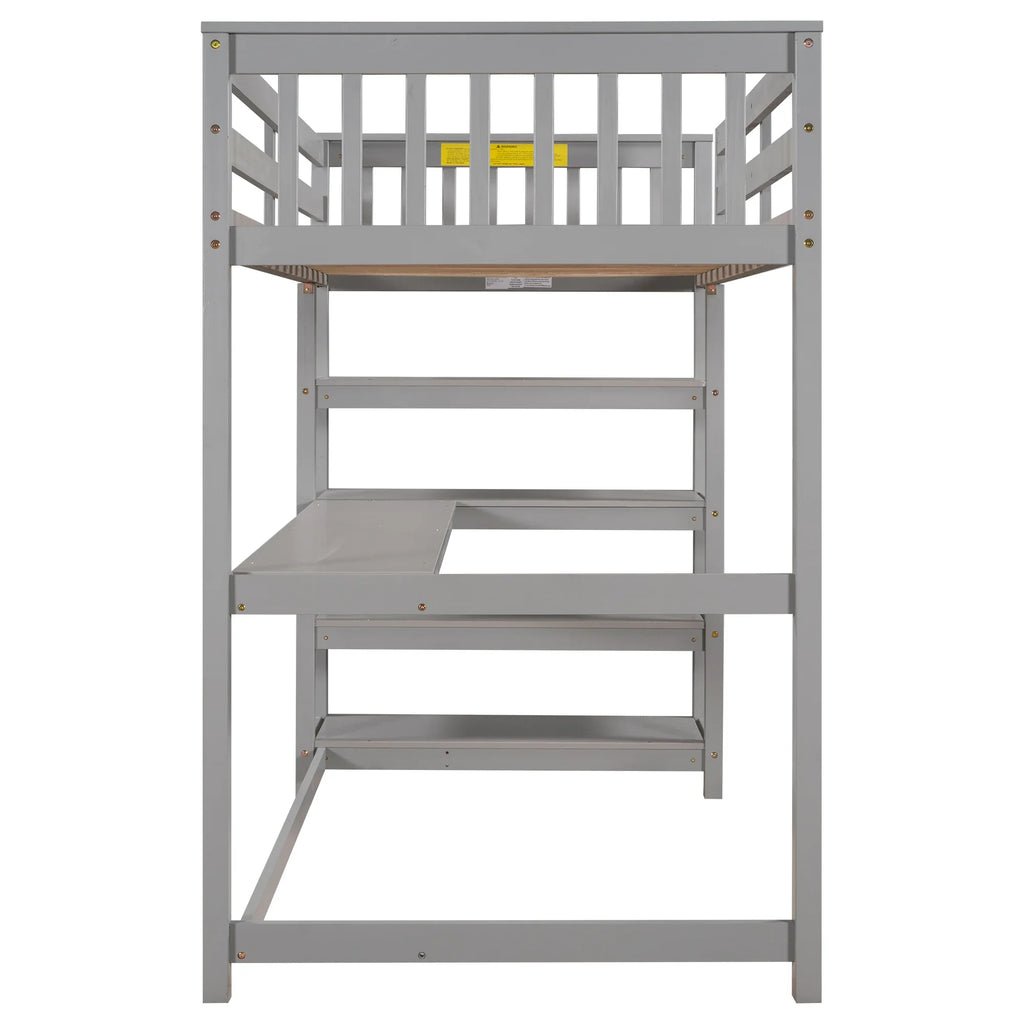 Gray eprolo twin size loft bed with integrated storage shelves and under-bed desk.