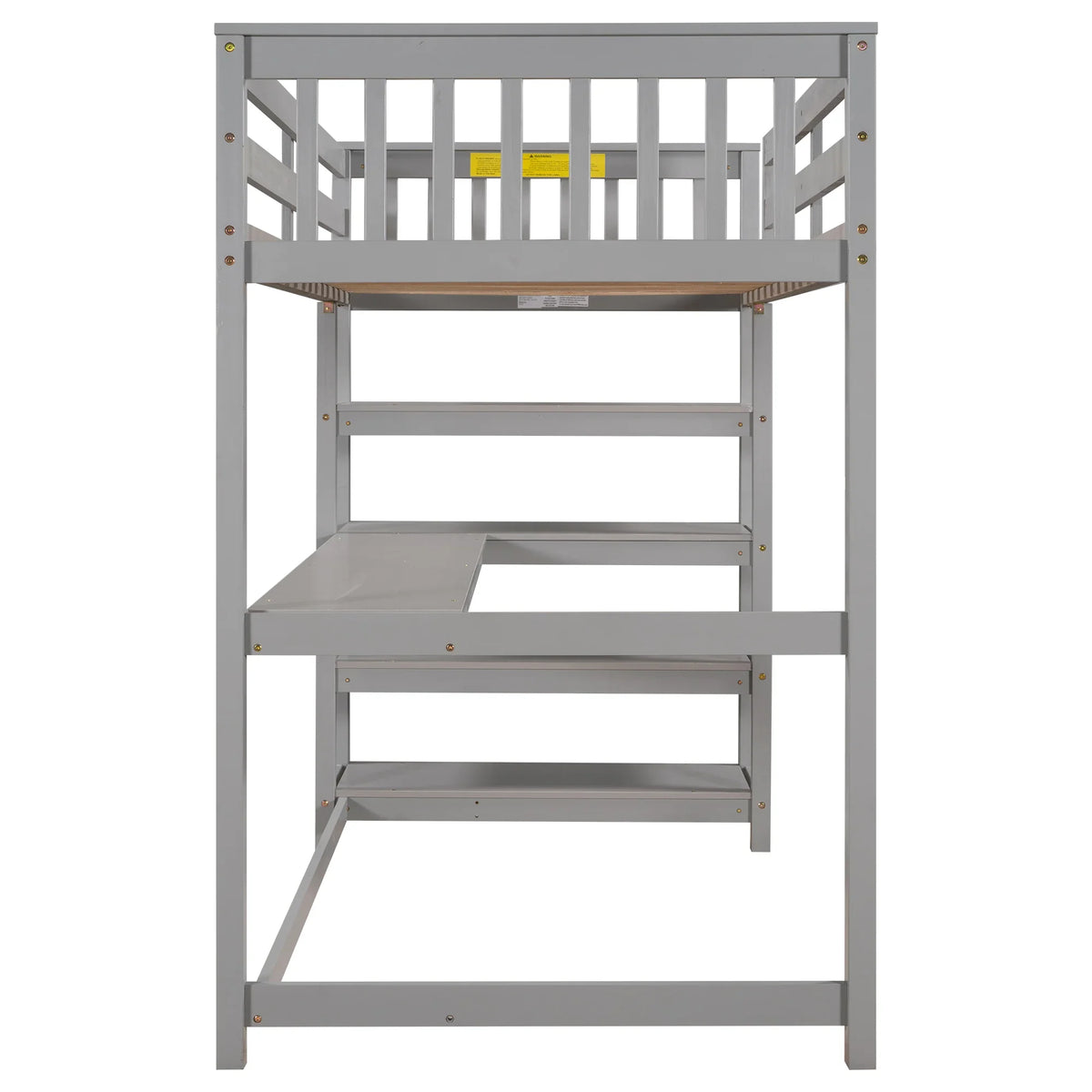 Gray eprolo twin size loft bed with integrated storage shelves and under-bed desk.