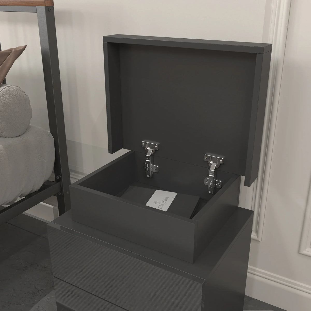 Open top compartment of a modern black LED nightstand by eprolo showing storage space.