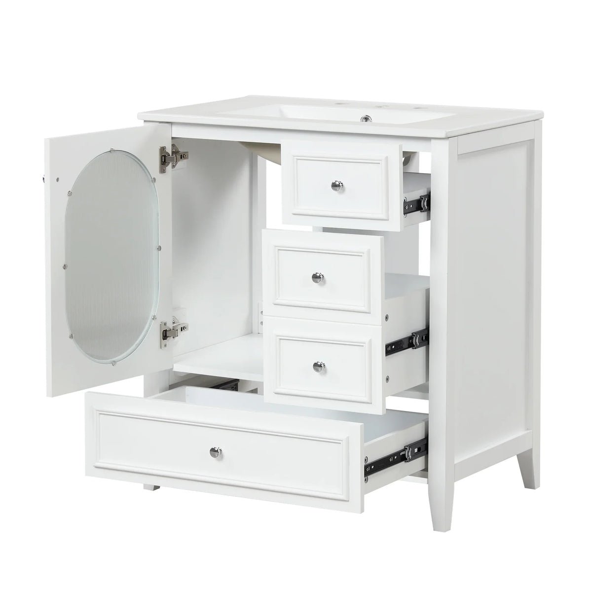 eprolo 30-inch white bathroom vanity with sink, three open drawers, and a mirrored cabinet door