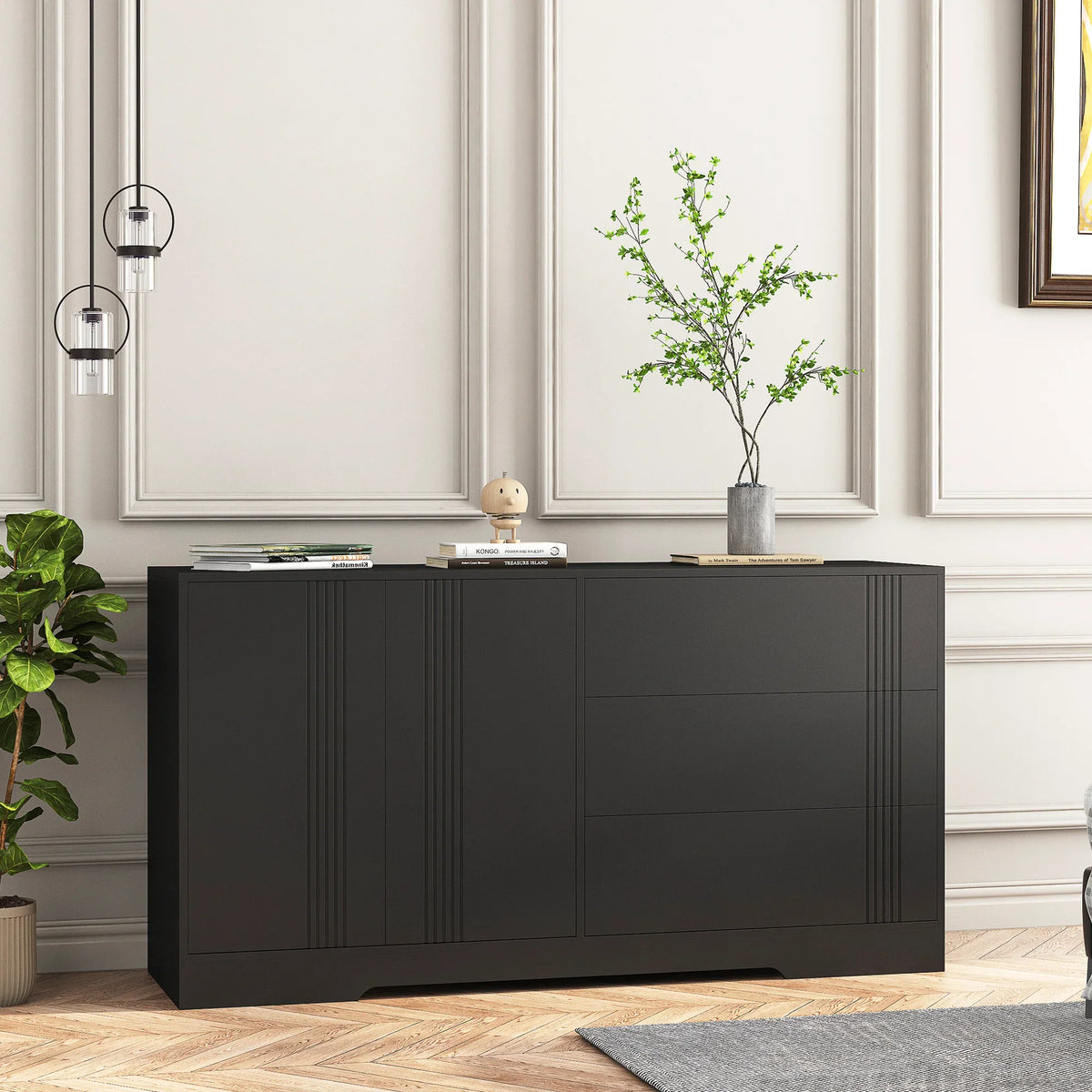 Modern black eprolo kitchen buffet with storage drawers and doors in a neutral living room