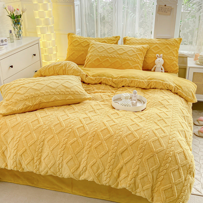 Winter Flannel 4-Piece Bedding Set, Thick Warm Milk Velvet Coral Fleece Duvet Cover, Student Dormitory