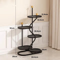 Modern eprolo black metal flower rack with four wavy shelves and wooden ball accents.
