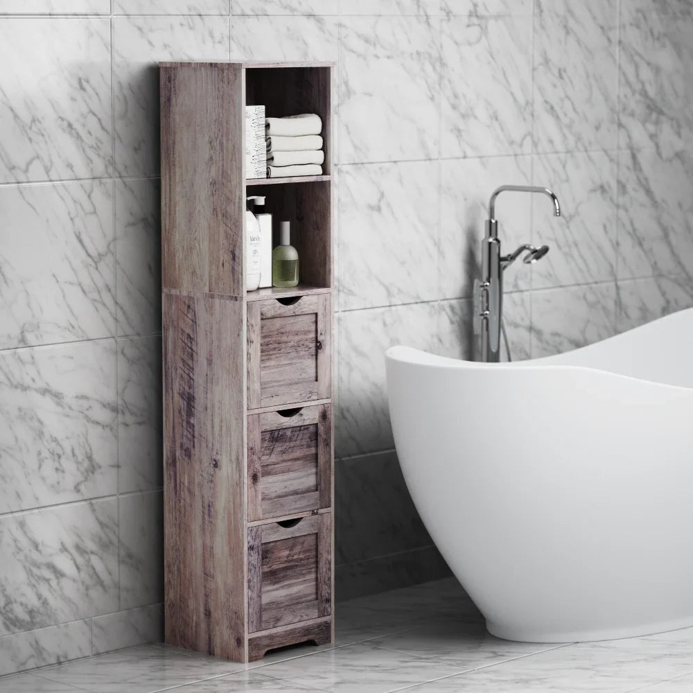 eprolo tall narrow grey bathroom floor cabinet with 3 drawers and open storage shelves