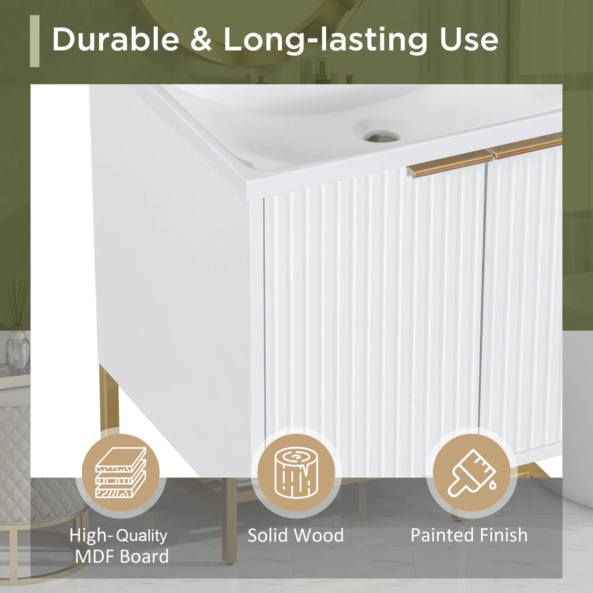 White 24 inch bathroom vanity with two doors, gold metal frame, and solid wood construction.