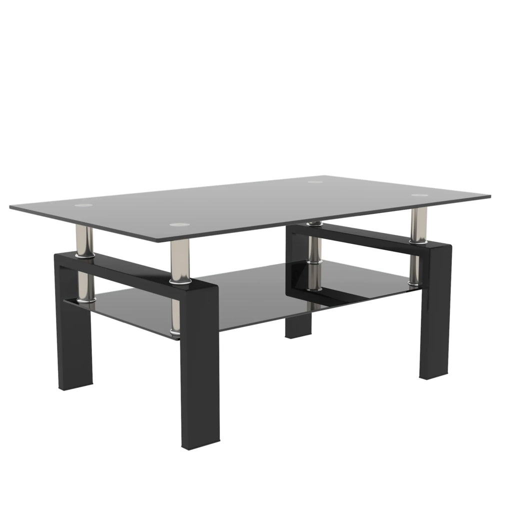 Modern eprolo rectangle black glass coffee table with dual tiers for living room furniture.
